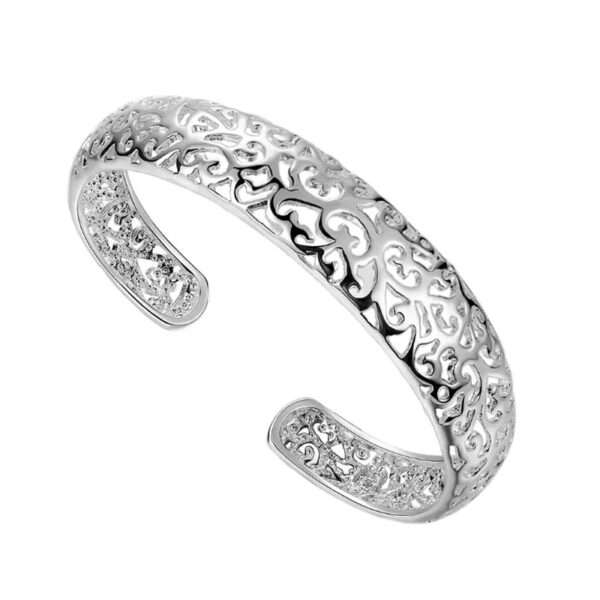 Silver Bracelets for Women - Exquisite Flower Cuff Bracelets - Close-up of a floral-inspired cuff bracelet on a woman's wrist