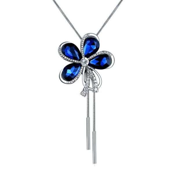Blue Crystal Rhinestone Flower Pendant Necklaces