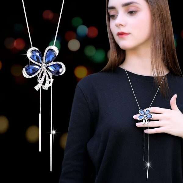 Blue Crystal Rhinestone Flower Pendant Necklaces