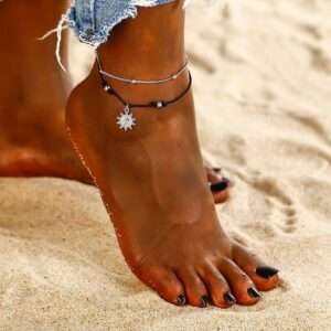 Close-up of Boho Anklet Foot Chain with Colorful Beads and Charms on White Background